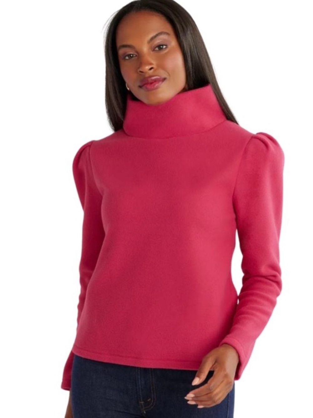 Dudley Stephens Palmer Puff Sleeve Turtleneck Pink Vello Fleece